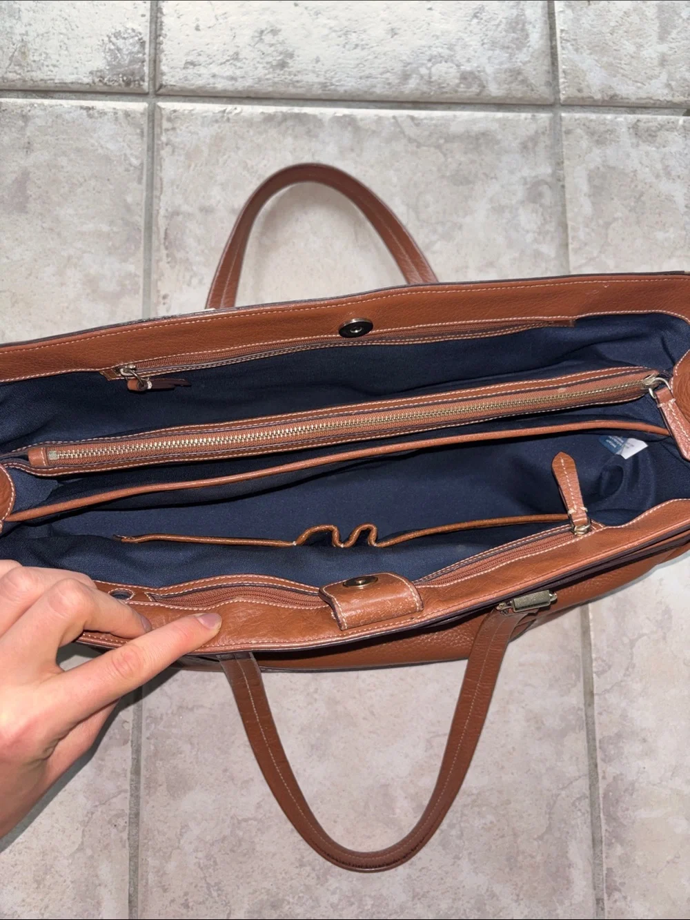 Cole Haan Brown Leather Tote Bag with Navy Interior
